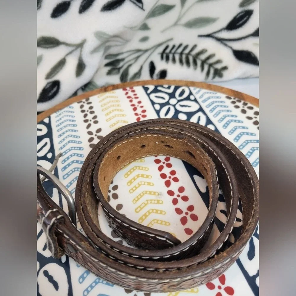 Belt Co Brown Tooled Leather Belt Men's Embellished Florid Western USA Size 38